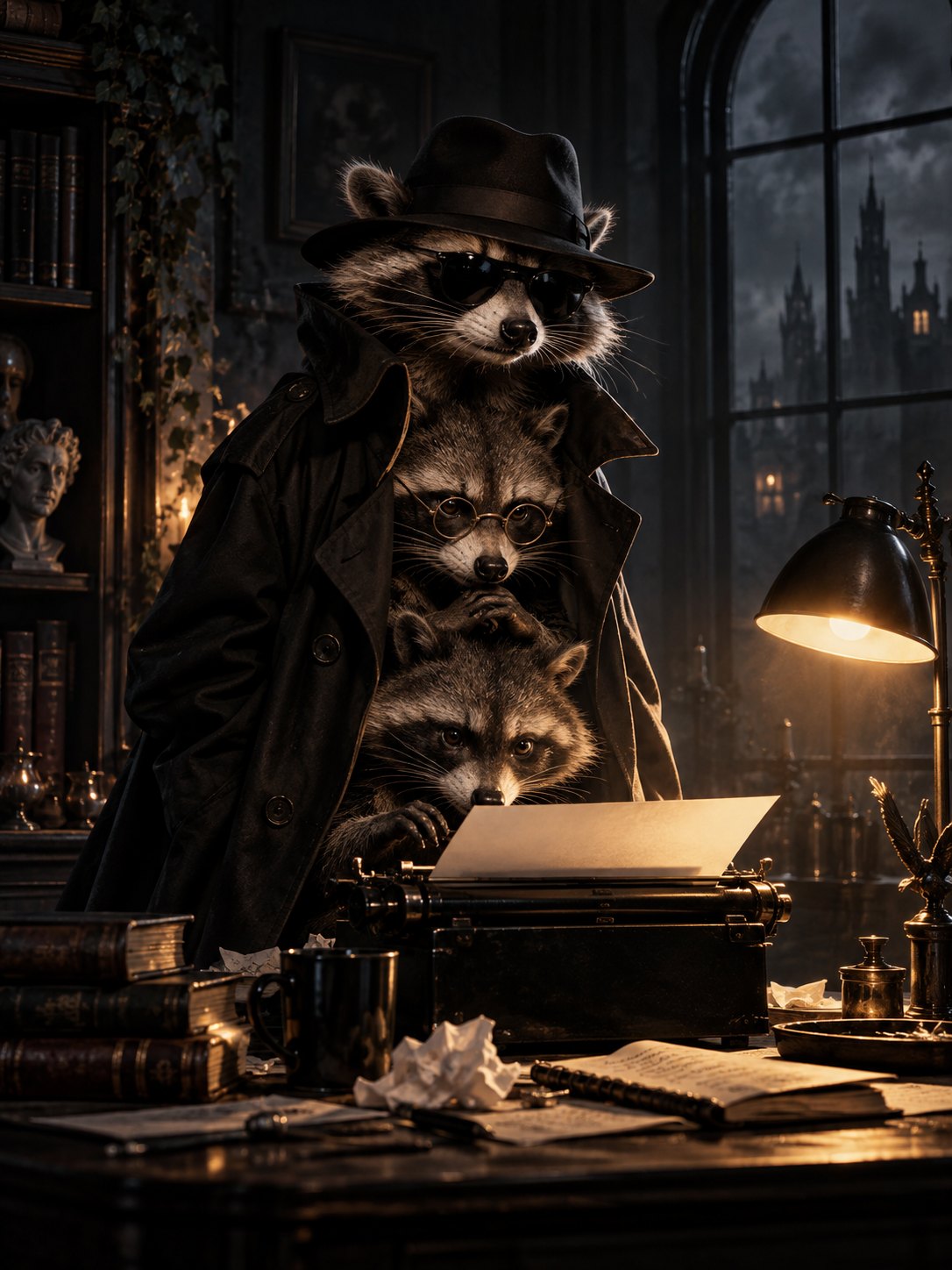 Three raccoons stacked inside a trench coat, typing at a typewriter