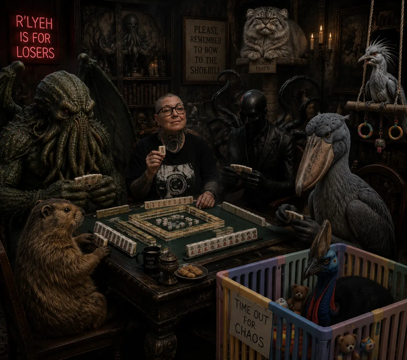 The Eldritch Mahjong cast playing around an ornate table