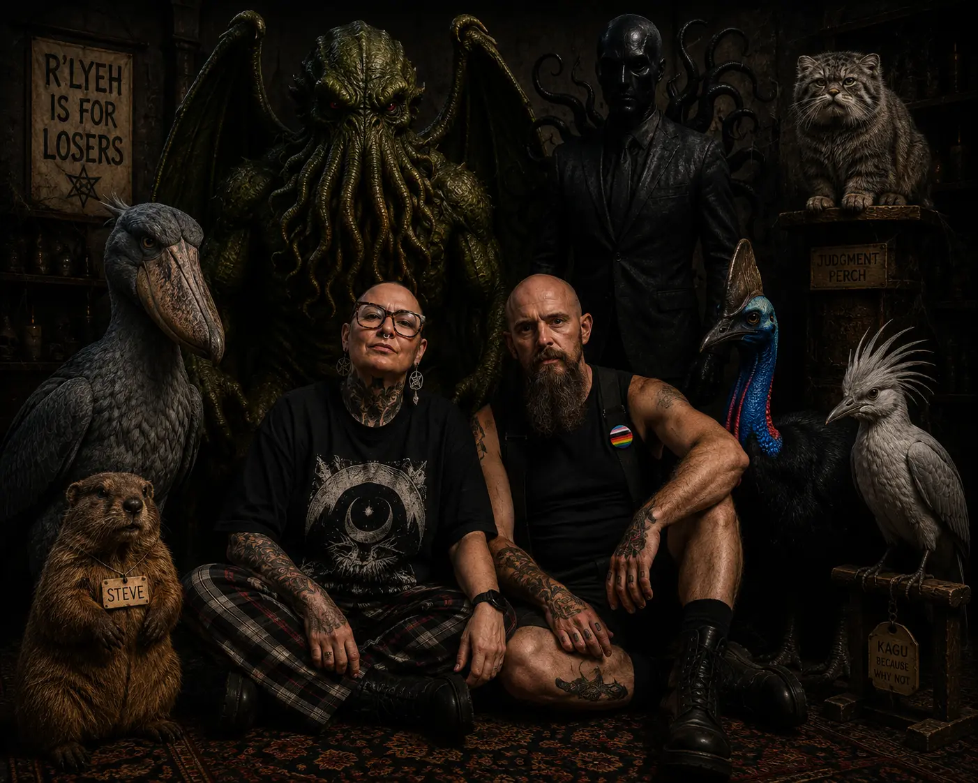 The Eldritch Mahjong cast gathered for a formal family portrait