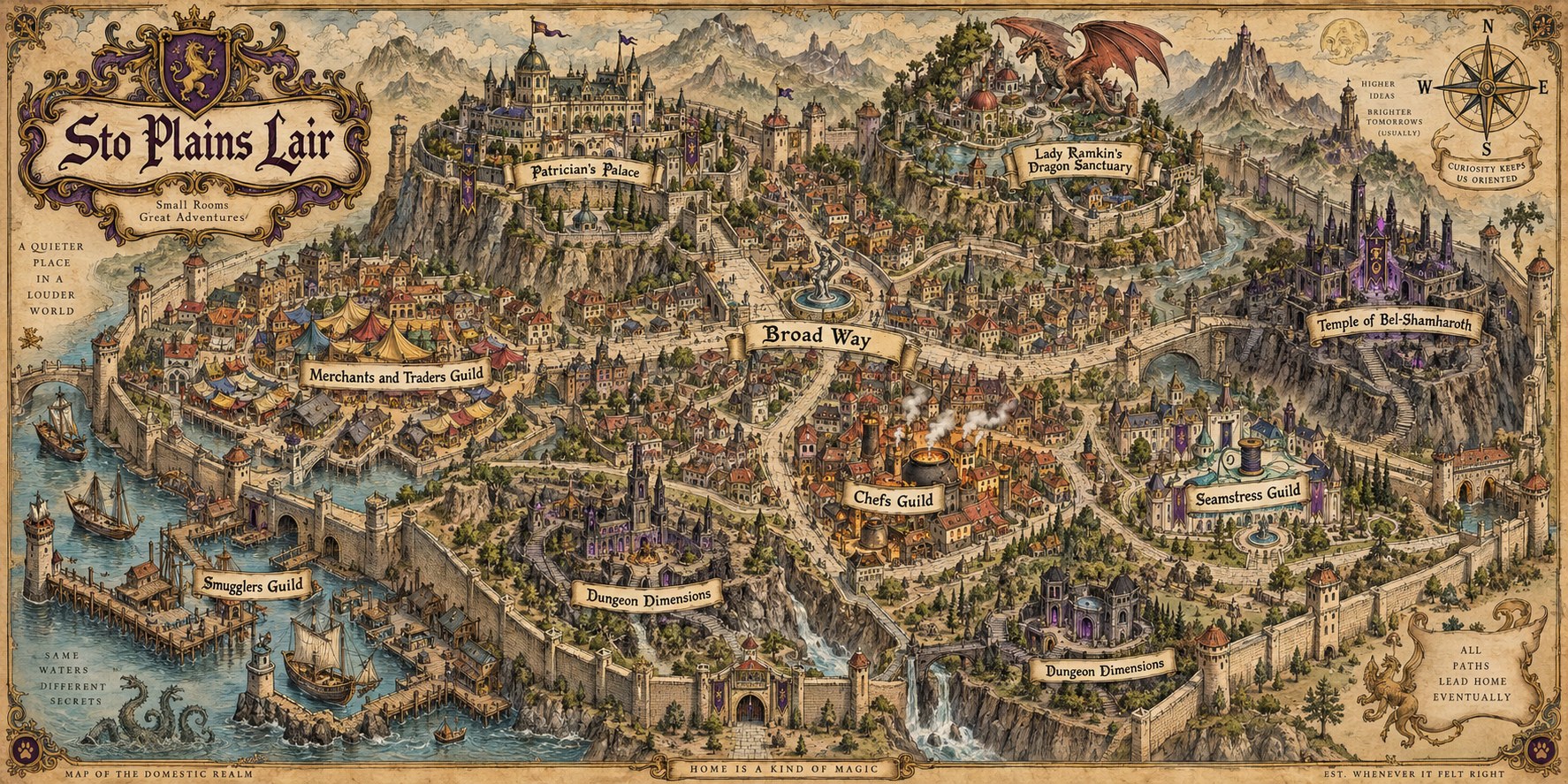 Illustrated Ankh-Morpork-style map of Sto Plains Lair with ten labeled room banners