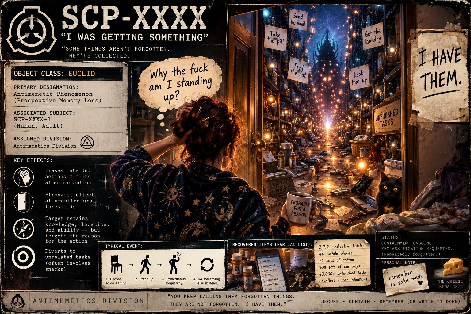 SCP-XXXX file graphic: a person with their hand on their head asking why they are standing up, beside a doorway into an endless corridor of forgotten things